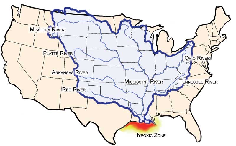 The Mississippi watershed is in blue, home to the top ten soybean states in the US. The "Hypoxic Zone" is the second largest dead zone in the world and is growing in size.