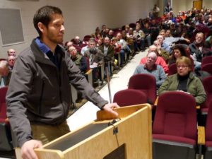 Area resident John Geary, who owns a farm that is on one of the current proposed routes for Dominion's Atlantic Coast Pipeline, speaks about his concerns Thursday, March 19, 2015, at the FERC scoping meeting at Stuarts Draft High School. (Photo: Randall K. Wolf/The News Leader)
