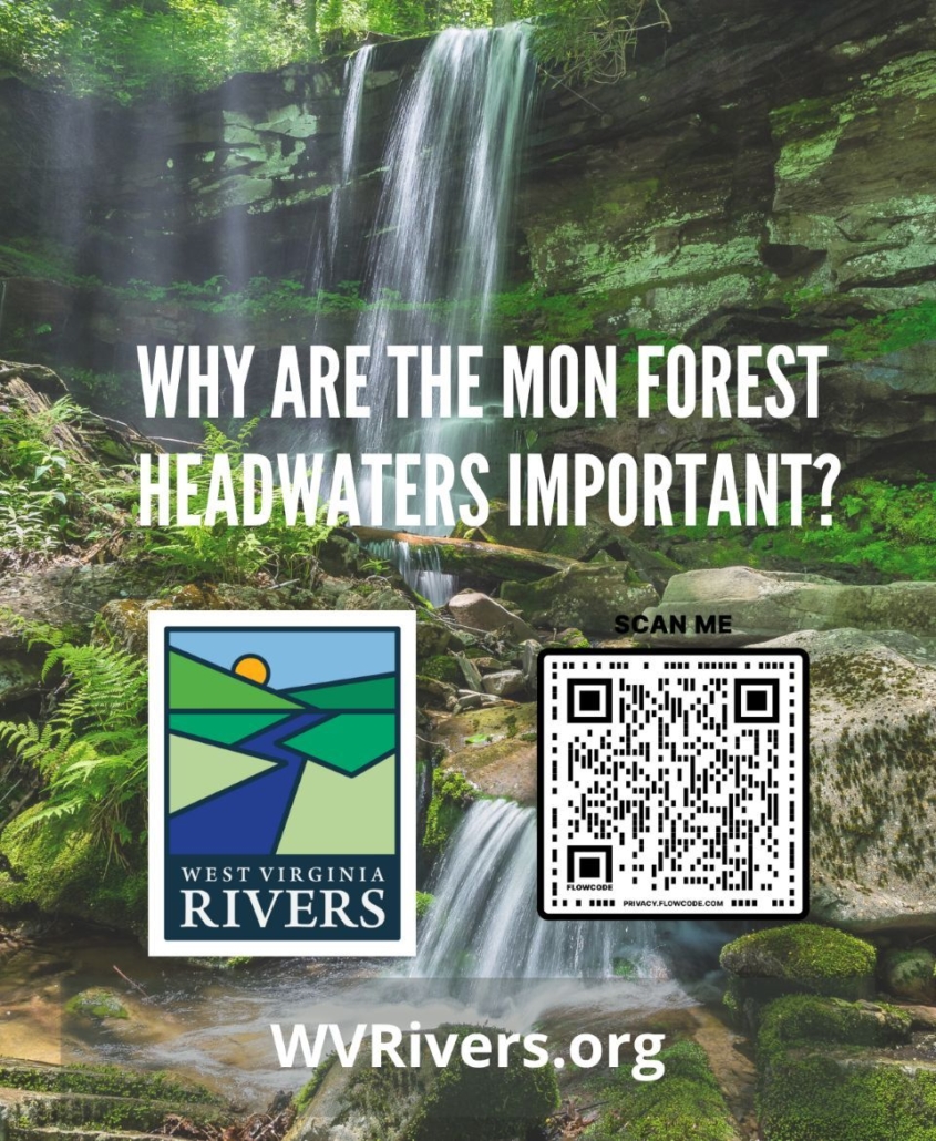 Image of an ad for a survey about the importance of the Mon. Forest Headwaters. There is an image of a waterfall and a lush green landscape in the background with the text "Why are the Mon. Forest Headwaters important." There is a QR Code and WV Rivers Logo on the ad.