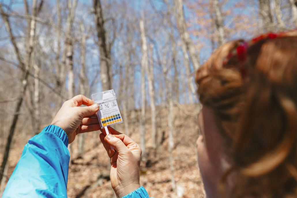 Image of a volunteer outside in the woods. The photo is taken from behind and over the shoulder. The subject is observing the results of a water quality test.