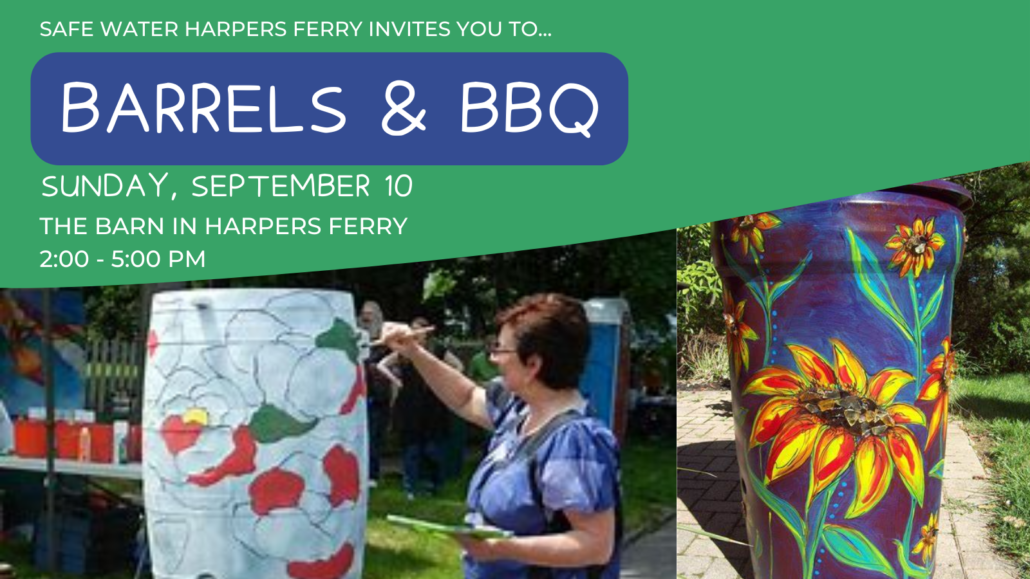 Green graphic overlaying two photos of hand painted rain barrels. In the first image, a woman is painting red flowers on it, and the other is painted with giant sunflowers. The text relays the information below.