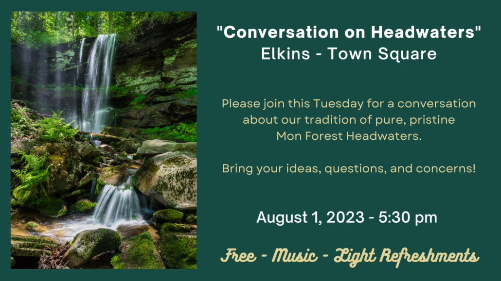 Green graphic with an image of waterfalls in our Mon Forest. To the right is an invitation to "Conversations on Headwaters" on Aug. 1, 2023 from 5:30-7:30 PM at Elkins Town Square. Tere will be music and light refreshments.