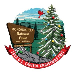 Illustration of the Mon National Forest sign with a decorated tree next to it and a cardinal about to land on it