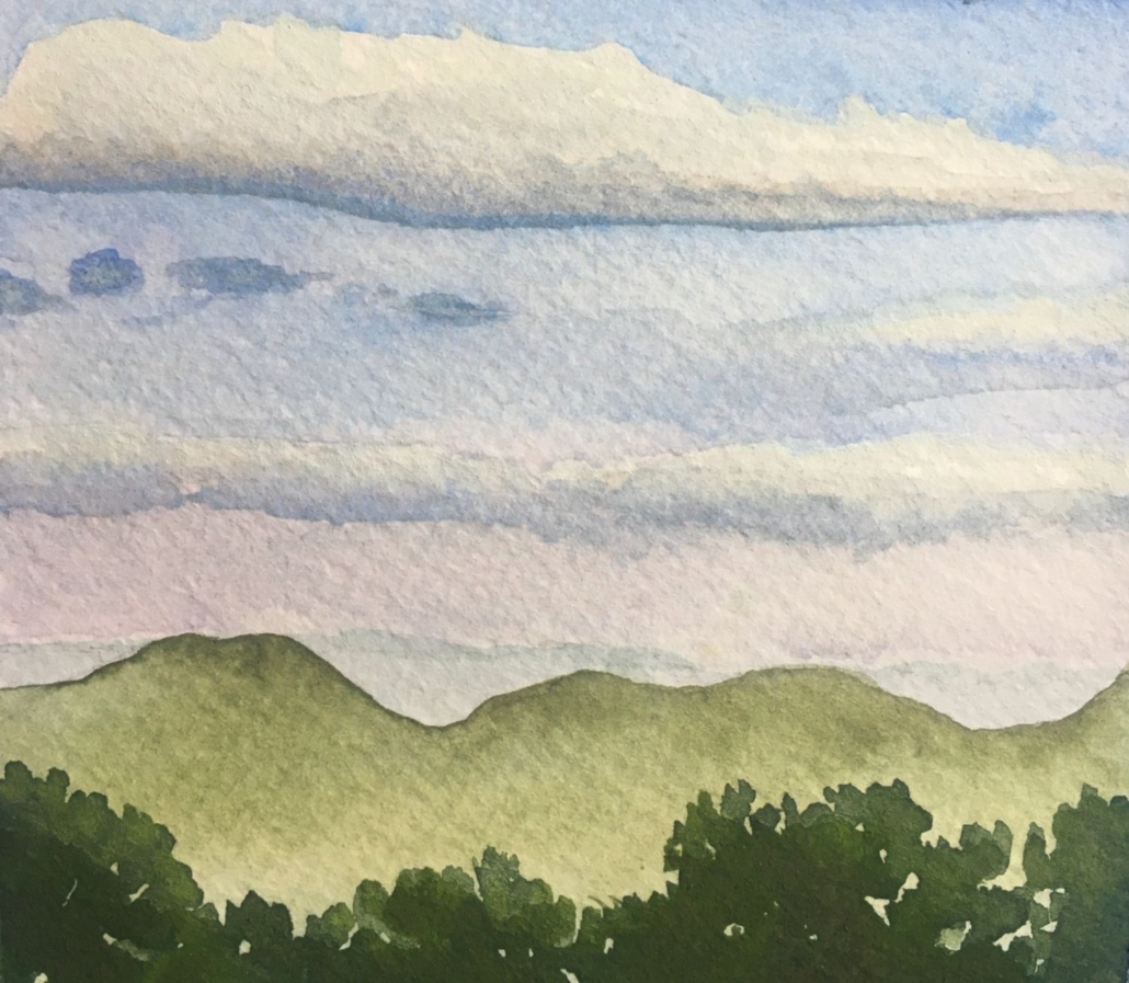 Image of a watercolor painting from the Create the Mon Gallery. There are deep green trees with rolling hills and a cloudy sky of pinks to blues.